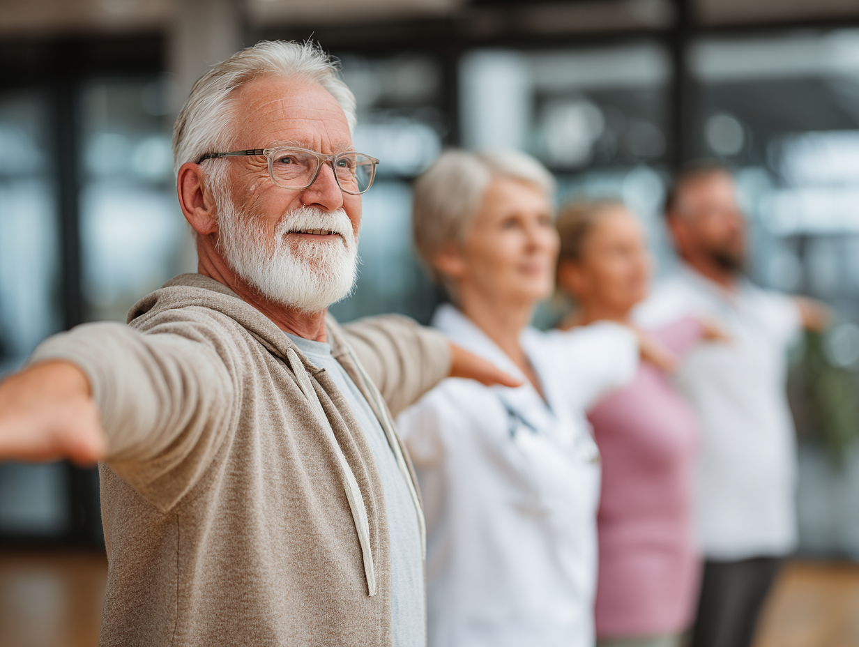 Група людей зрілого віку займається йогою в парку серед зелені